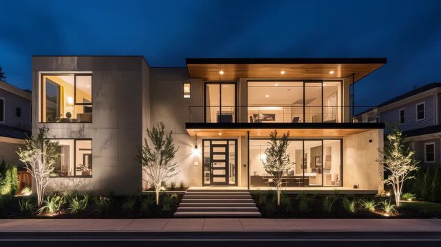 Modern Luxury Home Residence with Glass Facade, Blue Sky and Contemporary Architecture at Twilight