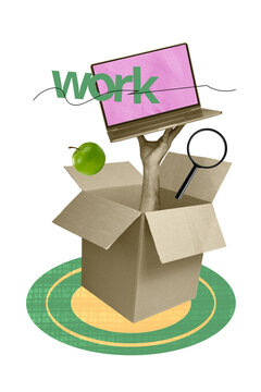 Vertical 3d poster art collage of office hand peek box supplies hold laptop apple fruit magnifier lens zoom vacancy search