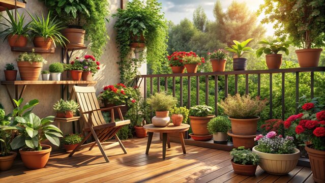 A serene balcony garden sprawls with lush greenery and vibrant blooms cradled by petite wooden chairs and terracotta pots