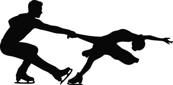 Silhouette of a male and female figure skater performing a lift on a white background, figure skating