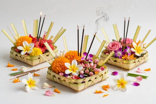 Balinese Canang Sari Daily Offerings Flowers Incense Hindu Bali Religion Culture White Background