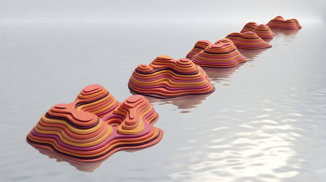 Terracotta Layered Paper Islands in Water Background