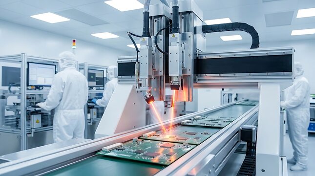 Technicians and automated machinery working in a cleanroom for semiconductor manufacturing and electronic circuit board assembly