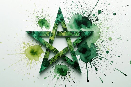 Minimalist green pentagram symbol made with watercolor paint splashes on white background. Geometric five point star shape features organic forest tones, artistic ink drops. Zen style spiritual icon