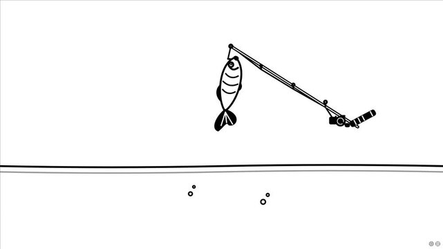 Fishing Rod Line Animation in Black and White, Animated Fishing Tackle and Hook, Angling Equipment, Fishing Gear, Sport Fishing, Outdoor Activity