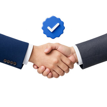 Two business people shaking hands with a blue verification checkmark icon isolated on white background