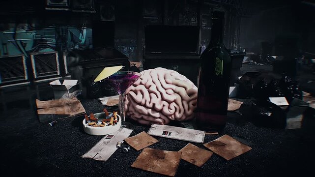 Alcohol and smoking harmful effects on the brain. Human brain discarded in a garbage bin with alcohol bottle and smoldering cigarette, symbolizing addiction and health risks. 4k animation