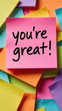 Pink sticky note with Great text on colorful paper background. Motivational message written in black ink on bright memo. Positive affirmation for self esteem, encouragement in office home workspace.