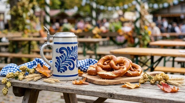 Traditional German beer stein with blue pattern and fresh pretzels on wooden table. Oktoberfest outdoor celebration in Bavarian beer garden
