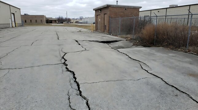 Severely cracked asphalt parking lot displays extensive structural damage, signifying neglect and urgent infrastructure repair needs in an industrial area