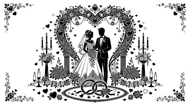 Wedding silhouette of bride and groom with heart arch and rings for romantic invitation