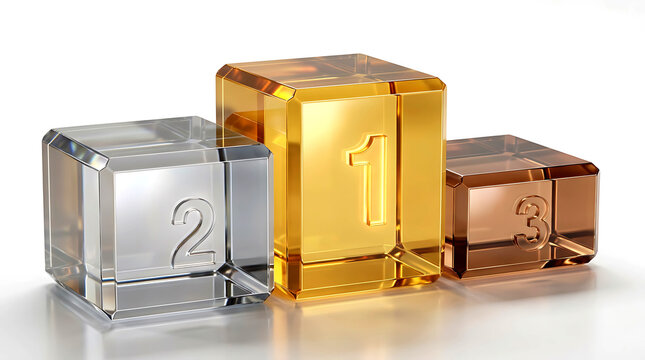 Glass winners podium with gold silver and bronze blocks for first second and third place competition awards