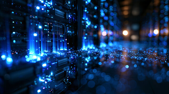 Glowing Data Center Server Room with Digital Light Effects