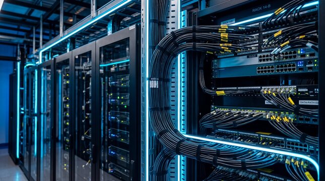 Modern Data Center Server Racks with Network Cables