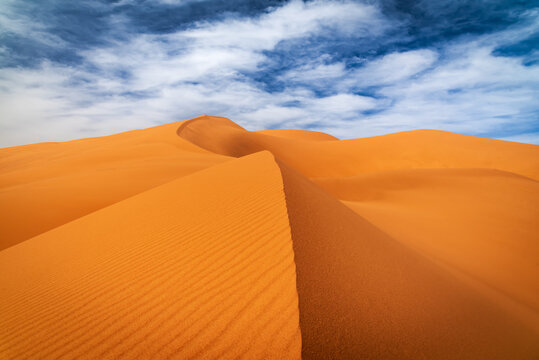 Merzouga, Morocco. Erg Chebbi sand dunes in the Sahara Desert, North Africa.