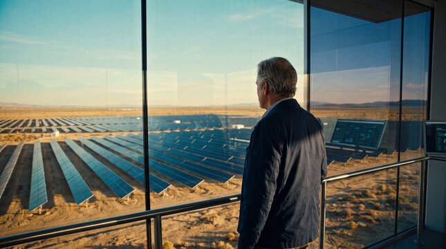 Executive Overlooking Large Solar Farm from Control Room