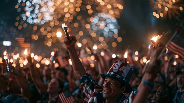Patriotic Crowd Celebrating Independence Day with Fireworks and Flags