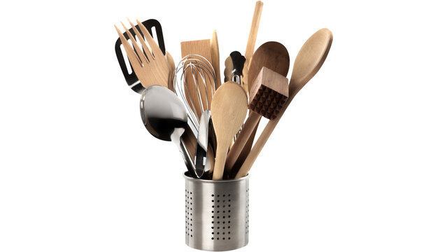 Kitchen Utensils Set Isolated on White Background - Professional Cooking Tools Holder