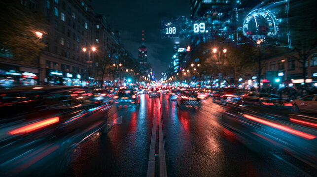 Futuristic Digital HUD Interface Over Night City Traffic