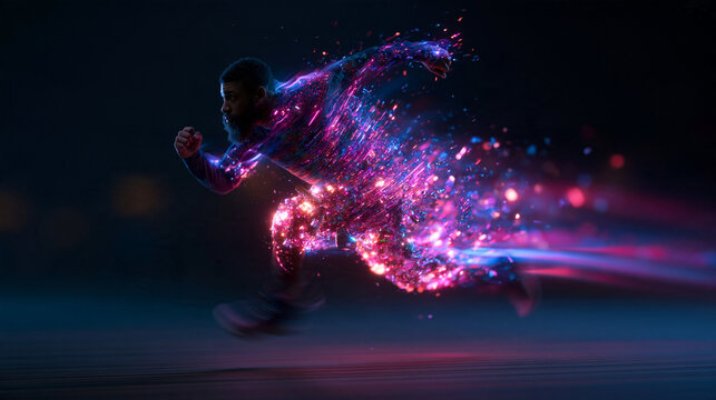 Futuristic Runner Sprinting with Glowing Neon Light Particles
