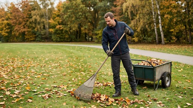 Park maintenance worker raking fallen autumn leaves on green lawn. Landscaper cleaning up foliage into utility cart outdoors. Seasonal municipal groundskeeping and yard work
