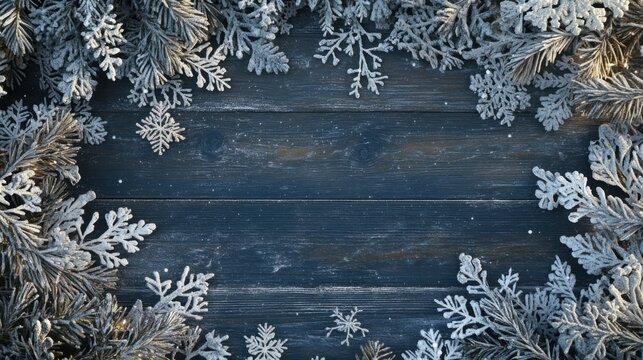 Christmas background with frosted pine branches and snowflakes on dark rustic wood