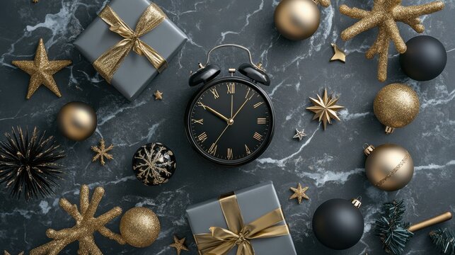 Christmas Flat Lay with Black Alarm Clock and Gold Decorations on Dark Marble