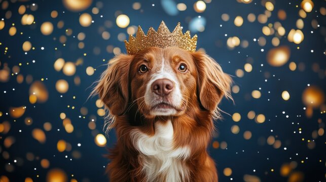 Cute Dog Wearing a Gold Crown Against a Festive Bokeh Background