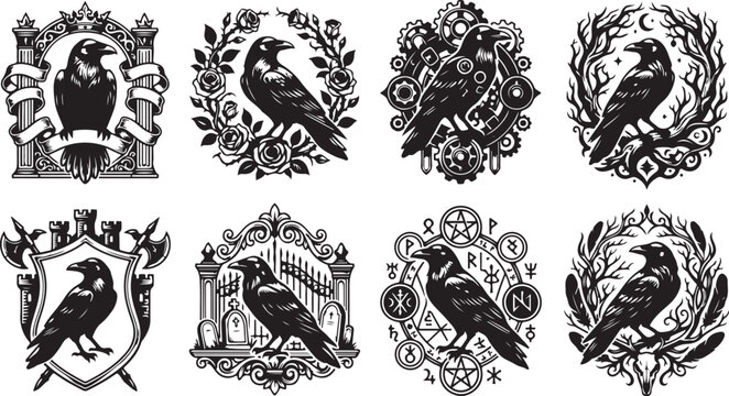 Gothic Raven Silhouette Vector Set with Steampunk Gears Medieval Shield Cemetery Gate and Runic Symbols