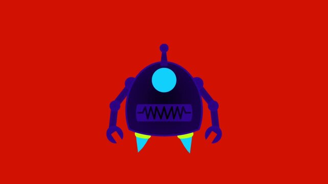 Animated vector illustration of a robotic head character with glowing green visor and sharp jaw features against a solid red background, ideal for modern tech themes