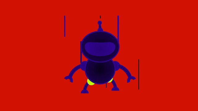 Animated vector illustration of a futuristic robot experiencing a digital glitch with signal lines against a solid red background, representing cyber security and system errors