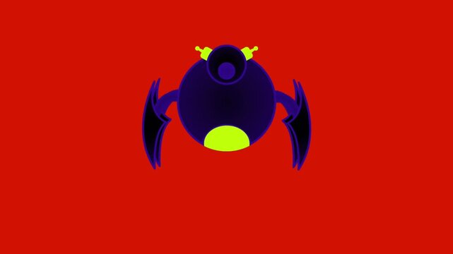 Animated vector illustration of a futuristic flying robot drone with wings and glowing neon green features against a solid red background, perfect for sci-fi and technology concepts