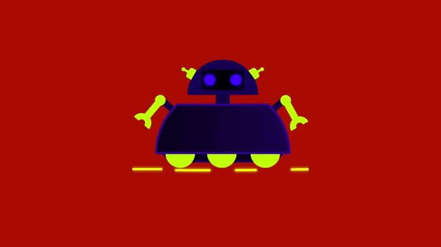Animated vector illustration of a rolling robot rover with wheels and arms against a solid red background, representing space exploration and automated machinery