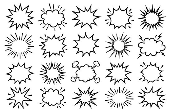Hand drawn comic book style speech bubbles and explosion bursts set isolated for graphic design elements collection rendered on transparent background