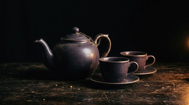 A cozy still life featuring a silver teapot cups and saucers evokes a sense of warmth and tradition
