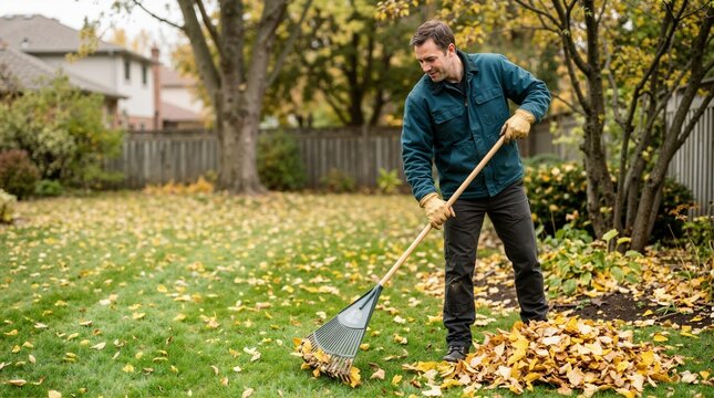 Man raking yellow autumn leaves in backyard lawn. Person gathering fallen foliage into pile with garden rake during fall yard maintenance