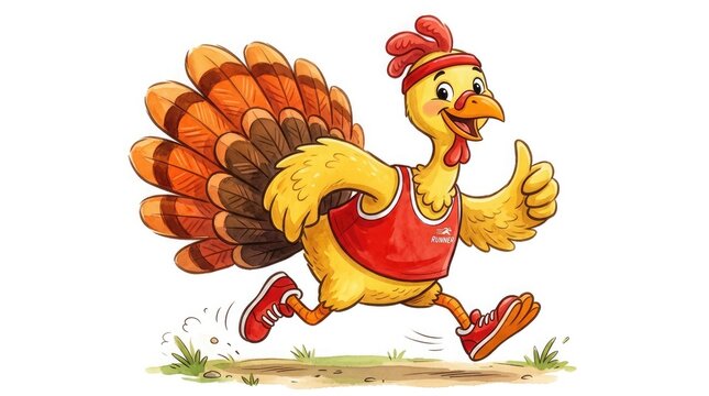 A cheerful cartoon turkey character is running with a thumbs up representing a festive thanksgiving celebration