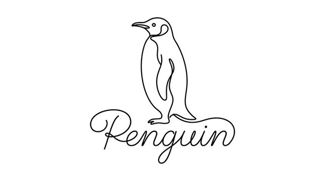 Elegant minimalist line drawing of a penguin standing upright with handwritten-style text labeling the bird