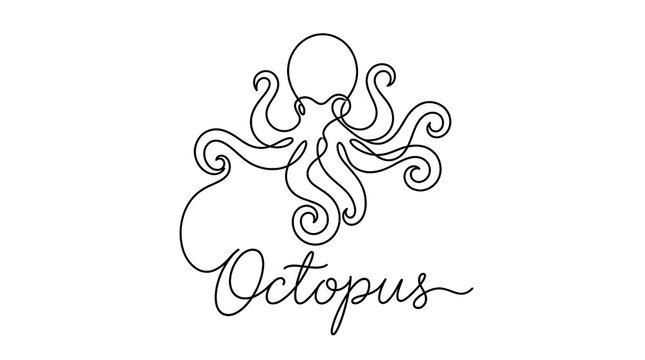 Elegant minimalist line art of an octopus with flowing tentacles and the word octopus in cursive script emphasizing marine life