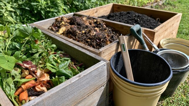 Organic compost bin with vegetable scraps, soil and gardening tools for sustainable gardening and eco background design, composting process and soil amendment concept