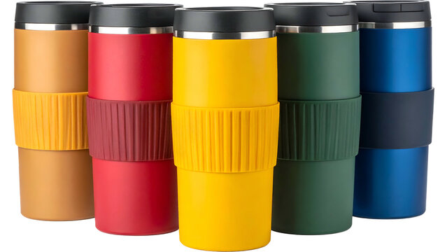 Set of Five Colorful Stainless Steel Travel Mugs Isolated on White Background for Coffee and Tea