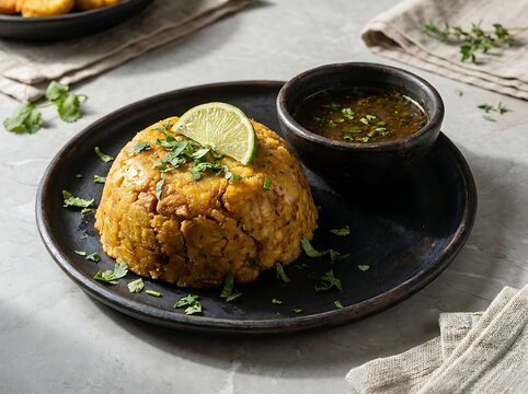 A delicious serving of mofongo with lime and savory sauce on a black plate for a healthy lunch meal. Mofongo recipe