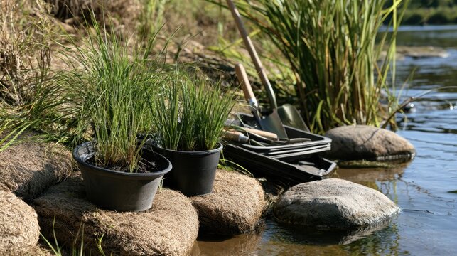 Potted wetland seedlings and gardening tools on riverbank for pond planting project and erosion control design background