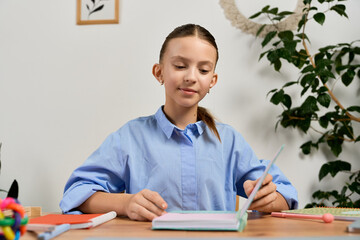 Focused Gen Alpha girl engaged in homework at her cozy study space © LIGHTFIELD STUDIOS