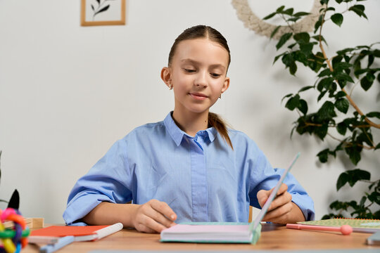 Focused Gen Alpha girl engaged in homework at her cozy study space
