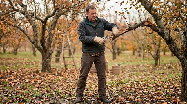 Male gardener trimming damaged fruit tree branch with pruning shears. Autumn orchard maintenance and tree care routine