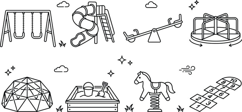 Children Playground Equipment Icon Set Featuring Swings Spiral Slide Seesaw Merry Go Round Sandbox Climbing Dome and Hopscotch