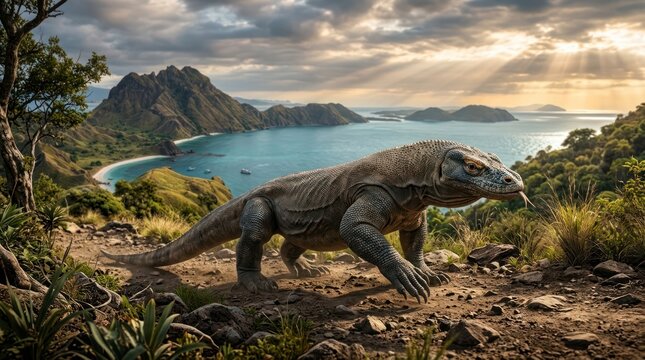 Large reptile walking on a sunny day in a tropical island landscape