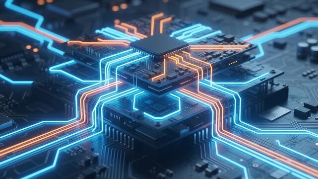 Multi-tier microchip structure glows with brilliant neon blue and orange light channels atop a metallic circuit board in cyberpunk style