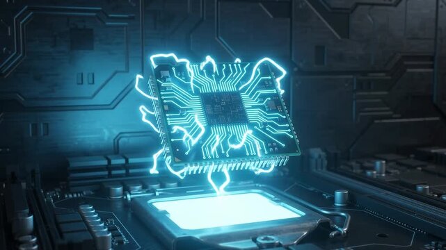 Futuristic AI processor chip hovers above its socket with sparking electrical arcs and glowing cyan neon light over a dark metallic surface